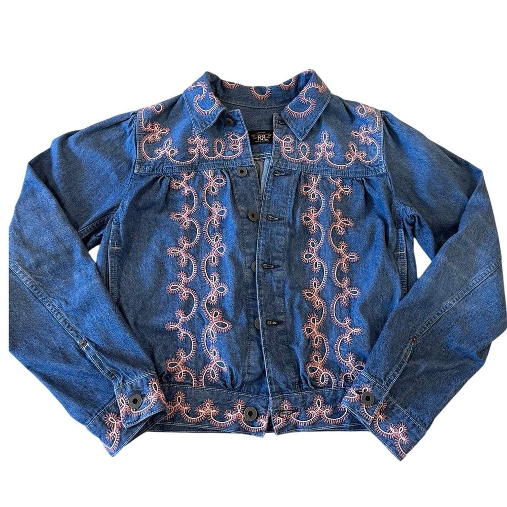 RRL Ralph Lauren Embroidered Denim Jacket Womens M Double RL Western Indigo Pink